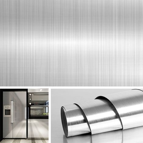 Stainless steel wallpaper 40 cm x 3 m, brushed nickel finish, waterproof and oil resistant, with adhesive backing. (1/5)