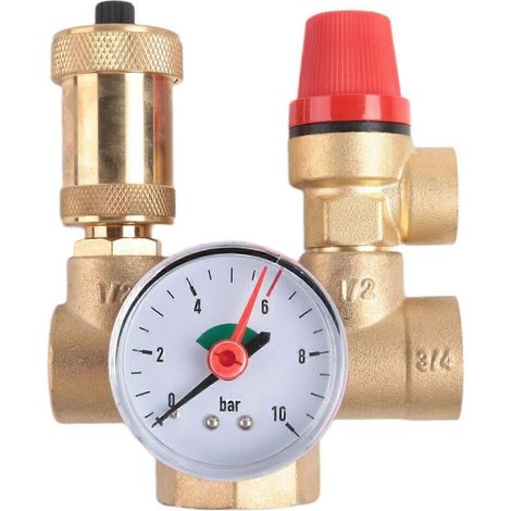Soupape de décharge de pression Safety Group pour chaudière, soupape d'échappement rapide en laiton DN25 avec manomètre, compatible avec les systèmes résidentiels, hôteliers et de chauffage. (1/5)