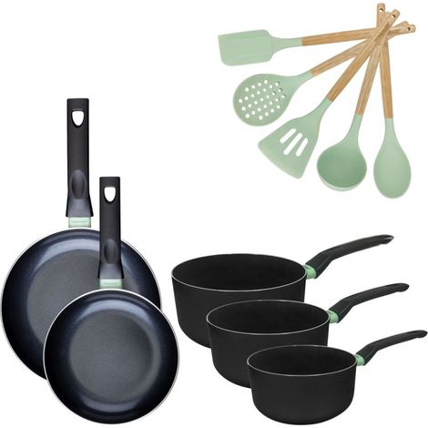 Lot 2 Poêles 20/24cm et 3 Casseroles 16/18/20cm Fackelmann Brandao avec 5 ustensiles Océan (1/5)