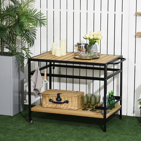 Chariot de jardin en bois et métal noir, desserte pour barbecue 2 étagères avec 3 crochets, 107x65x80 cm