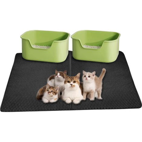 Tapis de litière pour chat 55 x 75cm, tapis de piégeage extra large double couche imperméable facile à nettoyer, accessoires pour chat (noir) (1/5)