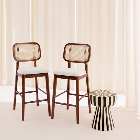 Lot de 2 tabourets de bar bois d'hévéa cannage et bouclette 66.5cm - Mani Noyer / Blanc