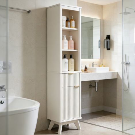 Armoire de rangement pour salle de bain 68" Haute Étroite, Armoire avec Étagère Réglable, Tiroir & Plateau Faux Marbre, Profil Courbé pour Salle de Bain, Salon & Cuisine - Panneau de Particules Blanc  (1/5)