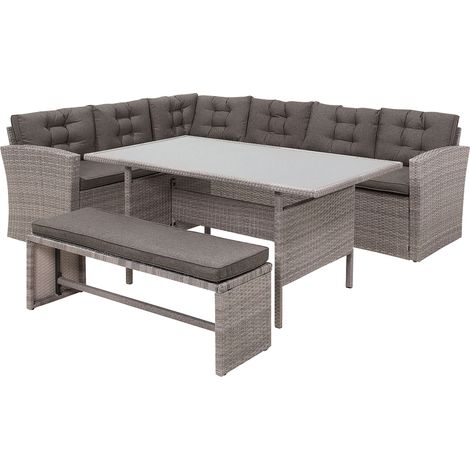 Conjunto de comedor de jardín de ratán sintético gris con cojines sofá banco mesa rectangular con tablero de vidrio 80x145 cm Viterbo (1/5)