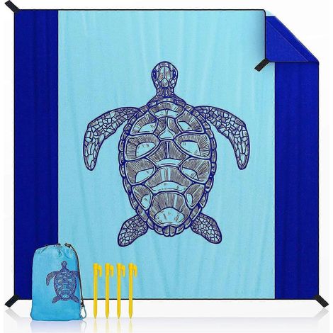 Couverture de pique-nique imperméable 210 x 200 cm, tapis de plage anti-sable avec 4 piquets, portable et résistant au sable pour le camping et la randonnée. (1/5)