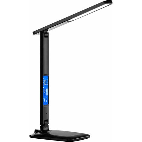 Lampe de bureau LED 10W rechargeable sans fil, protection oculaire, avec chargeur sans fil, calendrier, température, réveil, noir (1/5)