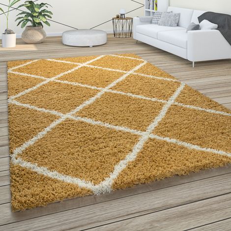 Paco Home Alfombra De Pelo Largo, Suave Salón Shaggy Estilo Escandinavo Motivo De Rombos Amarillo, 200x280 cm