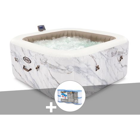 Intex – Spa gonflable carré 4 places – 795 litres – Diffuseurs à bulles 140 – Jets massants Dual Zone – Couvercle isolant et tapis thermique inclus (1/4)