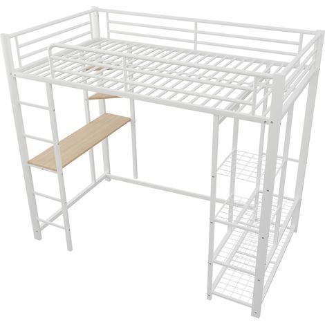 Metall-Hochbett 90 x 200 cm Weiß mit Schreibtisch, Regalen und Kleiderschrank (1/5)