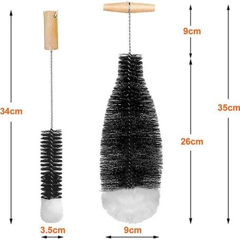 Goupillon doux anti-rayures lot2,bouteilles verre,coton nylon acier,35x9cm/34x3,5cm,manche bouteille+corde suspension (1/5)