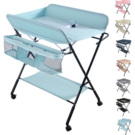 Cambiador para bebé portátil, Cambiador de Pañales, Plegable Altura Ajustable con Bolsa de Almacenamiento y Ruedas - Cielo azul