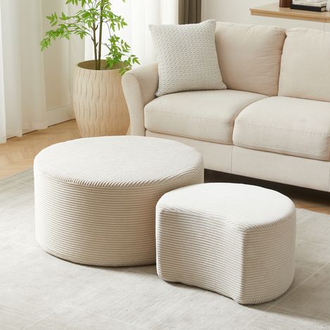 Set di 2 tavolini pouf beige in tessuto, design rotondo multifunzione senza montaggio