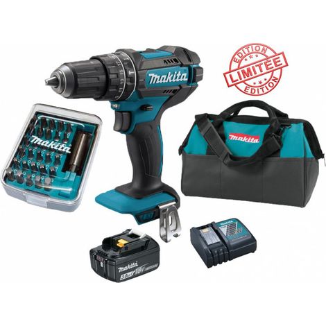 Perceuse visseuse à percussion Makita 18V 62Nm DHP482 + 1 batt 3 Ah + 30 embouts de vissage + porte-embout magnétique + sac (1/4)