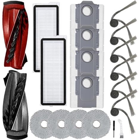 Roborock Qrevo Curv\\/P20 Pro Super, 20 Pieces Replacement Parts, 1 Pair Main Brushes, 6 Side Brushes, 4 Rag, 4 Dust Bags, 2 Filters, 1 Brush, 1 Screwdriver (1/4)