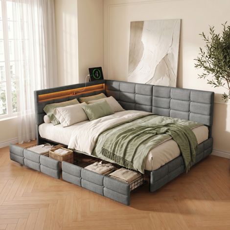 Lit adulte 140x190 cm avec 2 tiroirs, lit banquette, sommier à lattes, tête de lit forme L avec port de charge et LED, tissu lin capitonné - Gris