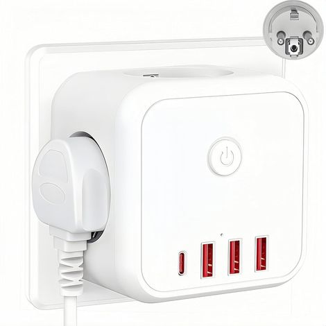 Multiprise Murale 7 en 1, Prise Cubique avec Interrupteur, 3 Prises Secteur + 4 Ports USB Dont 1 USB-C, Adaptateur Prise Murale 16A 3680W sans Câble, Compact pour Cuisine, Chambre, Salon, Blanc (1/5)
