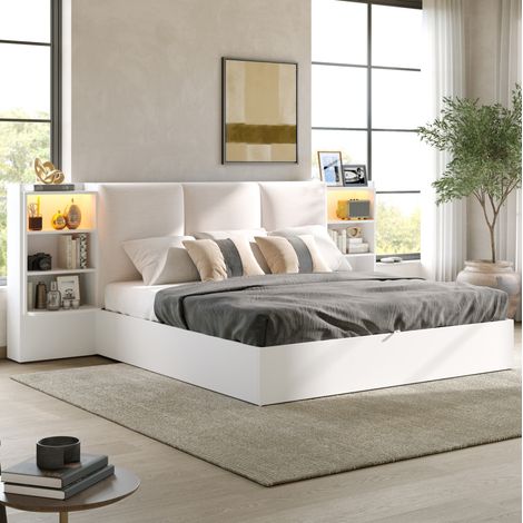 Lit coffre 180x200 cm en tissu blanc avec tête de lit rembourrée, 6 niches de rangement et LED (1/5)