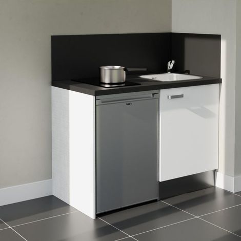 Kochnischen K08L-PT - 120 cm - Laminatplan, spüle Edelstahl, - Weiße Front - strukturierte schwarze Arbeitsplatte - Kredenzen ja + Haushaltsgeräte Edelstahl (1/5)