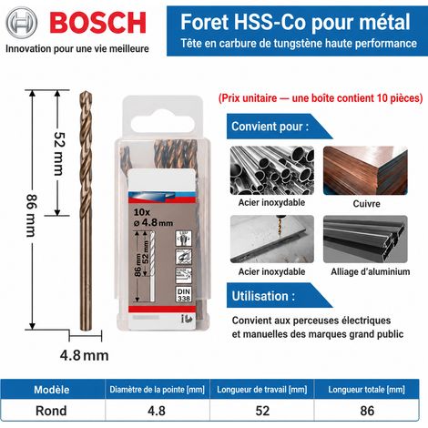Foret hélicoïdal HSS-Co métaux diamètre 4.8mm, spécification 4.8mm, paramètre 12, paramètre 34, paramètre 4.8, 1 × 1 × 1 cm, 1 g – Livraison gratuite