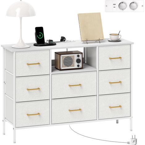 Kommode mit 8 Stoffschubladen, Stauraum mit integrierter Steckdose, Stahlgestell, für Eingangsbereich, Schlafzimmer, Wohnzimmer und Büro, cremefarben