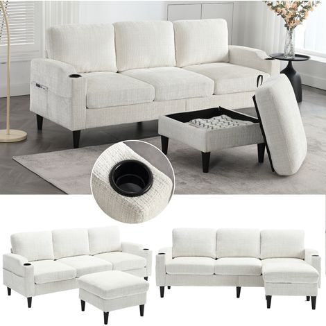 Sofá Esquinero Reversible 4 Plazas en Chenilla con Puff Cofre, 2 Portavasos y Bolsillos Laterales, Beige