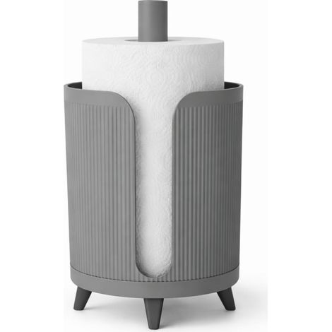 Soporte gris para toallas de papel con patas y soporte de cocina.