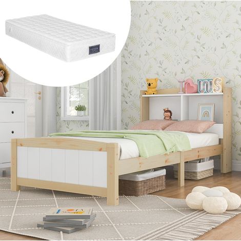 Letto singolo 90x200 cm bianco e naturale in legno massello con testiera contenitore e materasso (1/5)