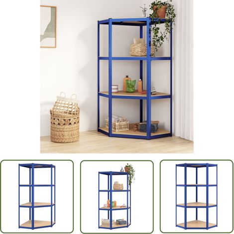 The Living Store Étagère d'angle à 4 niveaux Bleu Acier et bois d'ingénierie - Étagère D'angle - Étagère Métallique - Rangement Mural - Meuble De Rangement - Étagère Industrielle (1/5)