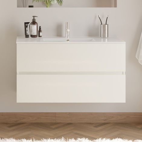 Meuble de salle de bain 100cm simple vasque - sans miroir - 2 tiroirs - blanc - IDA (1/4)