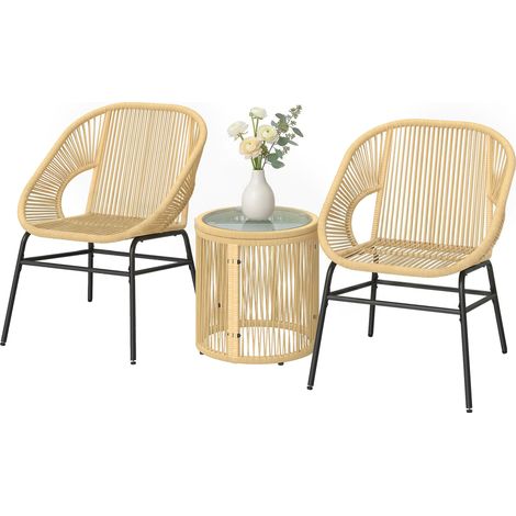 3-teiliges Bistro-Set aus Rattan und Stahl mit 2 Stühlen und rundem Tisch mit beigefarbener Tischplatte aus gehärtetem Glas.