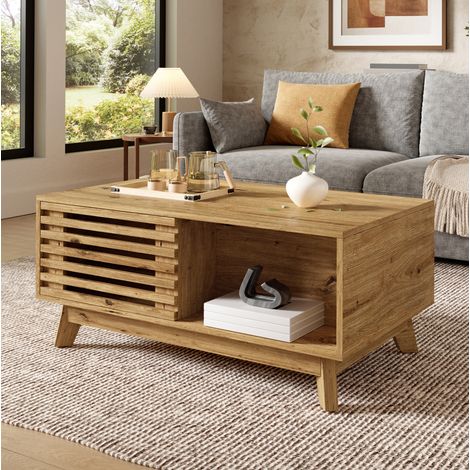 Mesa de centro 90/55/57,5 cm efecto madera con tablero elevable y puerta corredera (1/5)