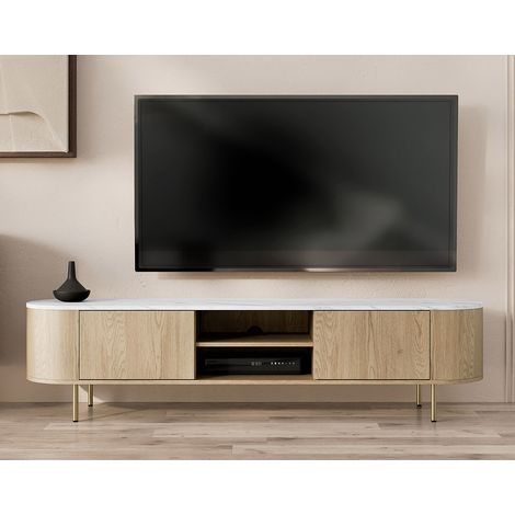 Bestmobilier – Meuble TV contemporain 184 cm – 2 portes – 2 niches ouvertes – Plateau effet marbre – MDF et métal – Résistant à l’humidité (1/4)