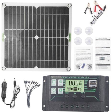 Panneau Solaire 30W 12V, Kit de Chargeur de Panneau Solaire Avec Ligne de Charge 10-En-1 Contrôleur 100A, Banque D’Alimentation de Charge Extérieure pour Caravanes, Bateau, Camping, Pêche (1/5)