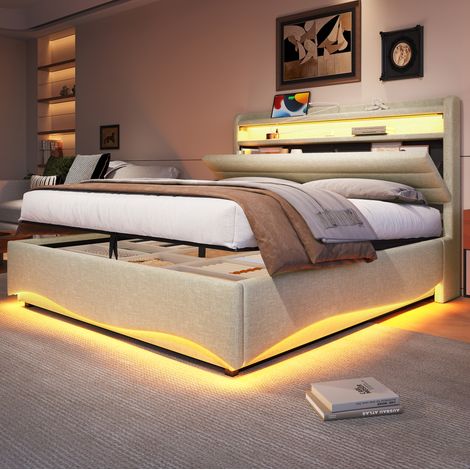 Cama tapizada moderna de lino beige 140x200 cm con cabecero, LED, arcón hidráulico, USB y Type-C