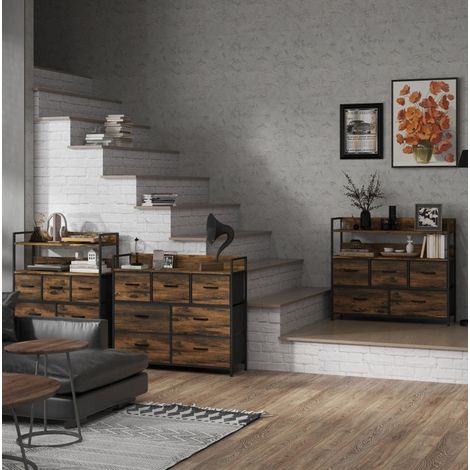 Commode 7 tiroirs tissu et structure acier, meuble de rangement industriel avec plateau supérieur, pieds réglables, anti-basculement, brun pour salon - CHICFURN (1/5)