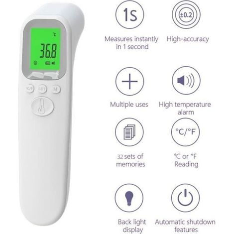 thermomètre frontal, Mesure Frontale, Lecture Code Couleur, LCD, Alerte Fièvre, Fonction Mémoire (1/4)