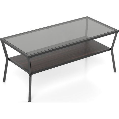 Rechteckiger Couchtisch aus Glas mit Metallgestell und zwei Ablageflächen