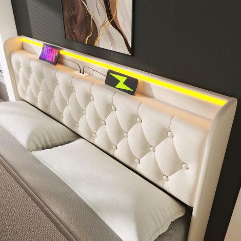 Polsterbett einzelbett, 360-Surround-LED-Funktion, Drucktaste/App/Fernbedienung, Material Hydraulisches Lagerbett, gepolstertes Kopfteil mit USB Typ-C Ladefunktion (Ohne Matratze)