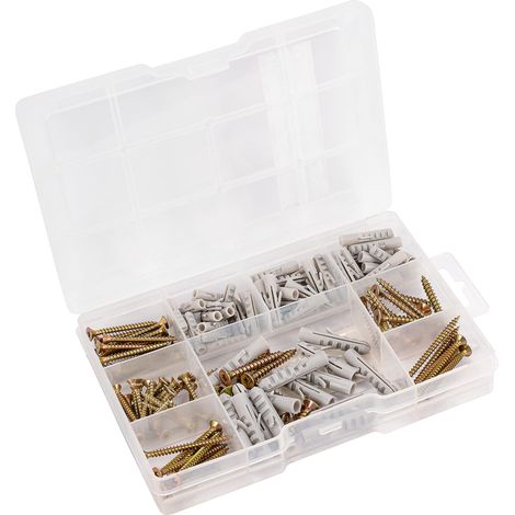 Assortiment de vis et chevilles à bois 155 pièces - Différentes tailles - Tête fraisée - Entraînement TX - Filetage complet - Galvanisé/Jeu de vis avec chevilles/Boîte de rangement (1/2)