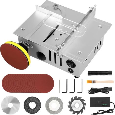 Mini scie circulaire de table à 4 lames, scie circulaire de table compacte de 96 W avec alimentation à 7 vitesses réglable, hauteur de lame réglable de 0,1 à 15 mm, scie circulaire de table multifonct (1/5)