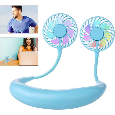 Ventilateur de cou portable USB rechargeable, mini ventilateur sans fil double tête, 3 vitesses, brise fraîche pour camping extérieur, randonnée, bleu (1/5)