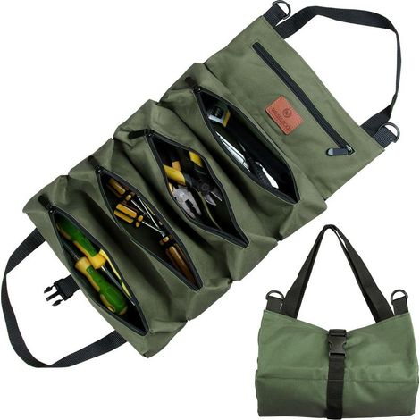 Tool Roller Bag, Canvas Tool Bag for Adjustable Wrenches, Versatile Trolley Bag with 5 Zipper Pockets, Ideal for Plumbers, Electricians (Green) (1/5)