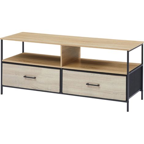 CASABEL Meuble TV 120 cm noir et bois avec 2 tiroirs et étagères