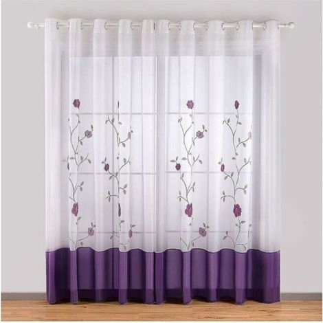 FLITI Ösenvorhänge, 140 x 245 cm, mit Blumenstickerei, Voile, für Schlafzimmer, Küche, Wohnzimmer, Violett, 2er-Set