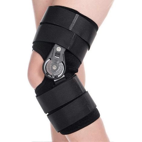Gelenkige Knieorthese mit Schale, verstellbare kurze Kniebandage für Sportverletzungen, Gelenkschutz und -fixierung, für Männer und Frauen (1/5)