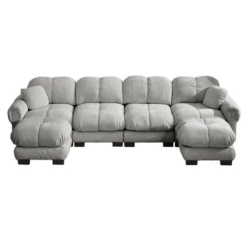 Modulares U-Ecksofa aus hellgrauem Chenille, 4-Sitzer, mit 2 mobilen Hockern (1/5)