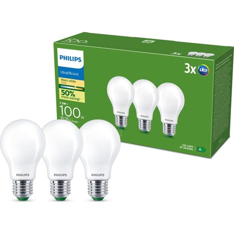 PHILIPS ULTRAEFFICIENT AMPOULE LED, PACK DE 3, A60, E27, 1535 LUMENS, 100 W, BASSE CONSOMMATION, EYECOMFORT, LONGUE DURÉE DE VIE