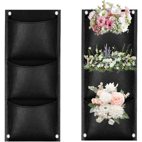 Set di 2 borse porta piante sospese - In feltro - Per giardino, balcone, cortile, decorazione della casa (3 tasche)