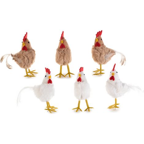Poules décoratives en peluche avec queue en vraies plumes, lot de 12, 5 x 8 x H. 12 cm