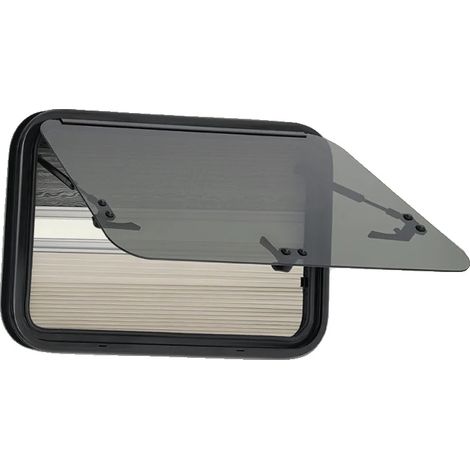 Ventana abatible para autocaravana con mosquitera y persiana opaca, color negro. (1/5)